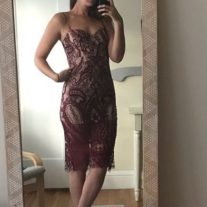 Lulu’s Burgundy Lace Bustier Midi Dress